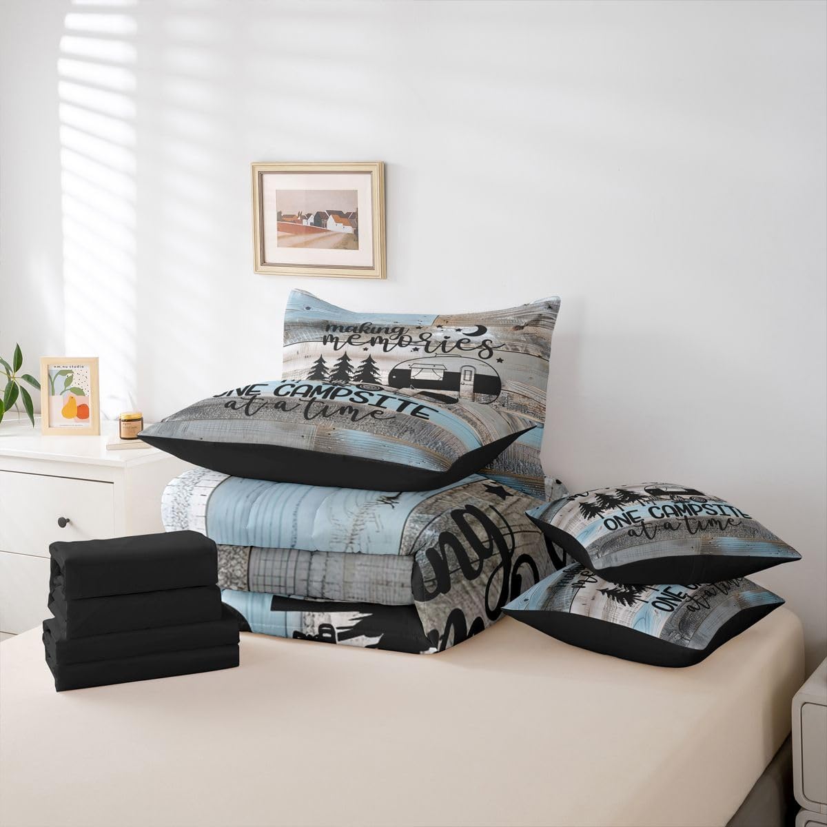 Erosebridal 7 Piece Twin Comforter Set with 2 Pillowcases, RV Camper Bedding Set for Kids Teens Adult Room Retro Wood Camp Camper Bed in a Bag with Flat Sheet, Fitted Sheet Rustic Farmhouse Decor
