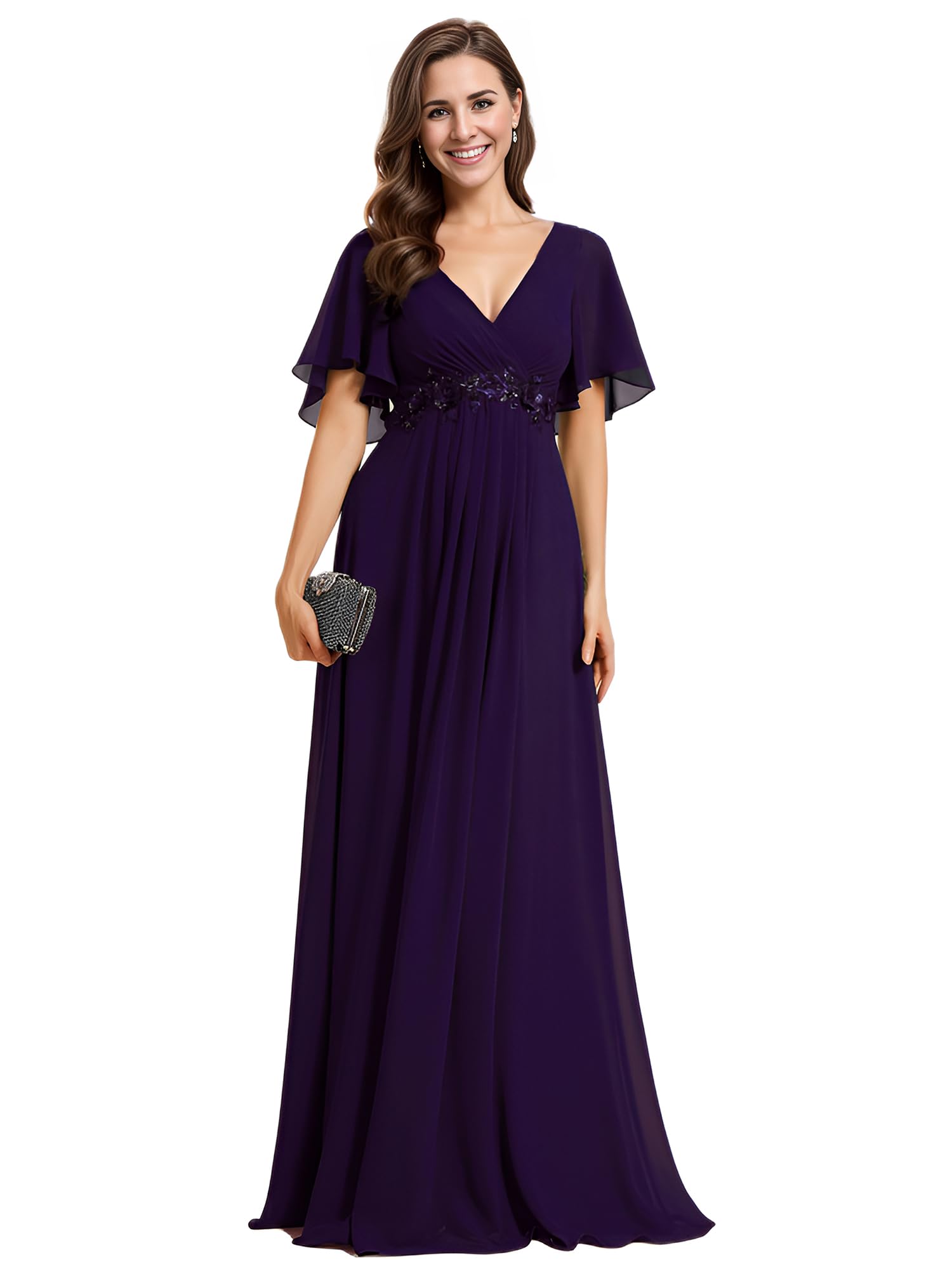 Ever-Pretty Elegantes Vestidos de Noche Vestidos de Novia Extra Largos Vestidos de Invitada de Mujer Cuello en V de Gasa de Cintura Alta EE01960