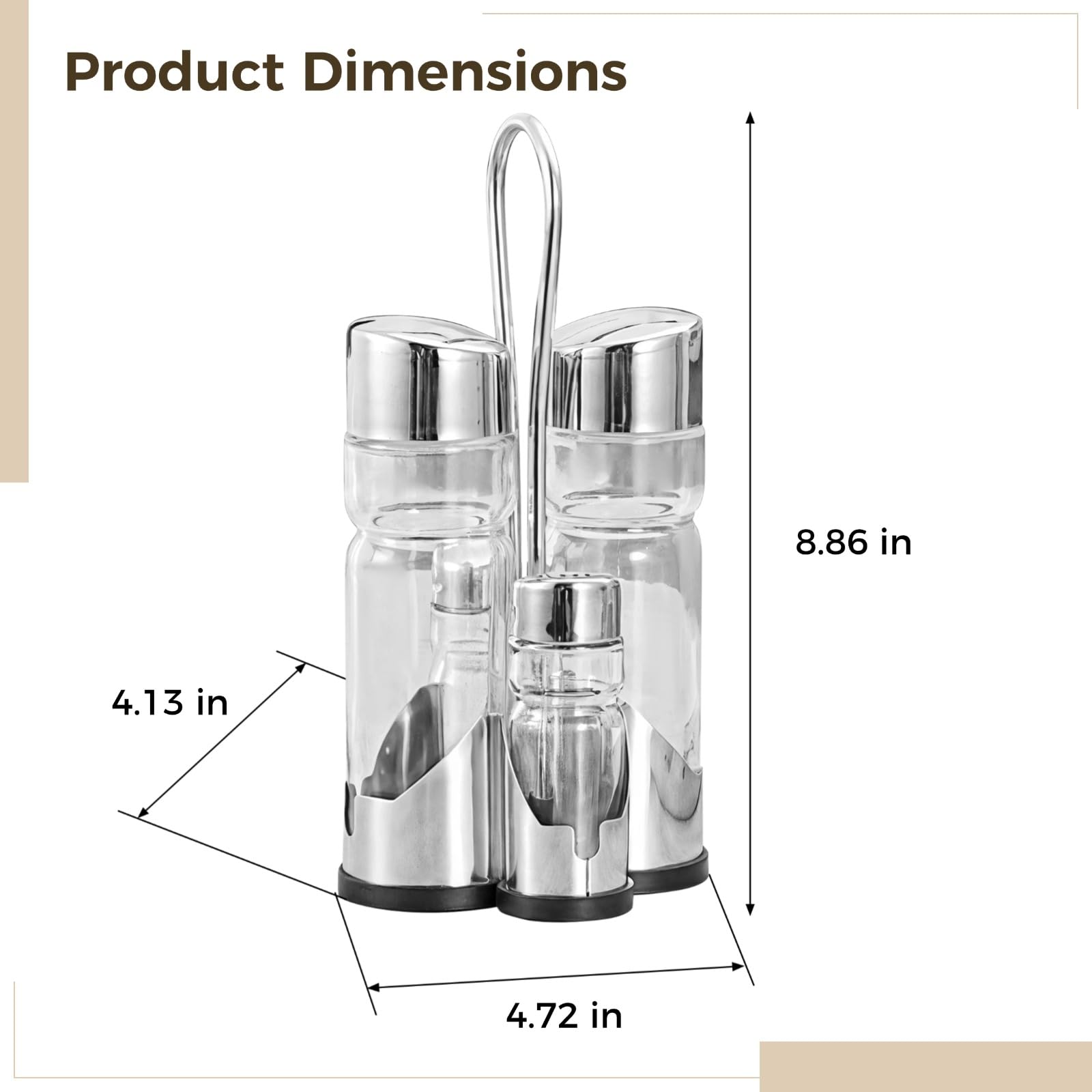 4 Stk. Salz- und Pfefferstreuer, Öl- und Essigspender-Set, Gewürzflaschen aus Glas mit Edelstahlhalter, Küchen-Organizer für Arbeitsplatte und Esstisch, kompakt, 4,7 x 4,1 x 8,9 Zoll