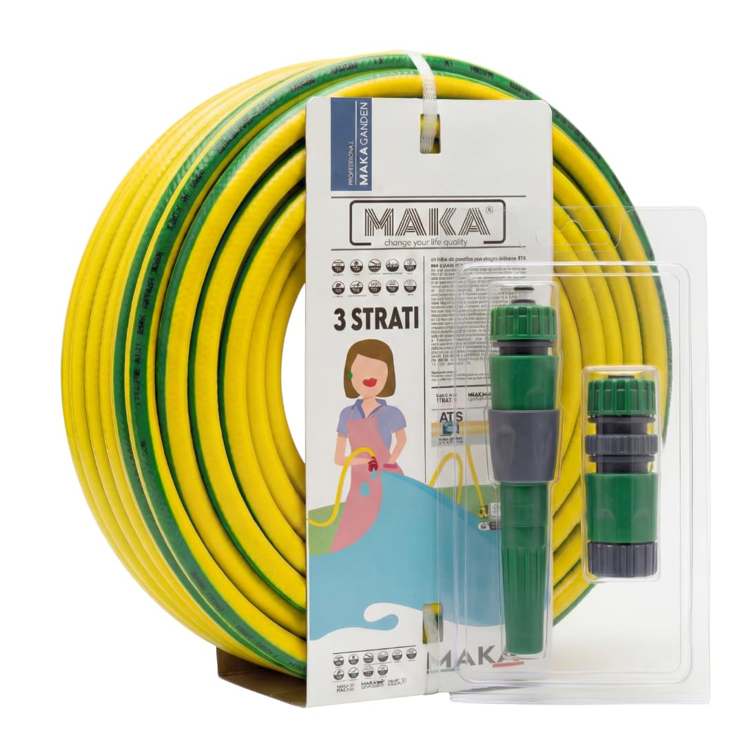 MAKA Kit Tubo Acqua Giardino 5/8 Pollice 50 Metri 3 Strati 12.5mm con Accessori Innesto Rapido Pressione 20 Bar Flessibile Retinato Resiste Caldo Gelo UV Riciclabile (5/8" 50 metri)