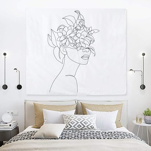 Miniatura 5 de IcosaMro Tapiz blanco y negro para colgar en la pared de dormitorio dobladillos doblados Cara abstracta de mujer con flores, decoración del hogar