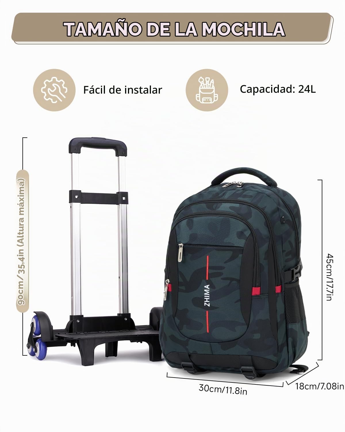 Amythe Mochila con Ruedas para Chicos - Gran Capacidad, Camuflaje Verde | Trolley Escolar 6 Ruedas con Carrito Extraíble - Mochila Adolescentes para Vuelta al Cole Primaria ESO Instituto – PC 15.6"