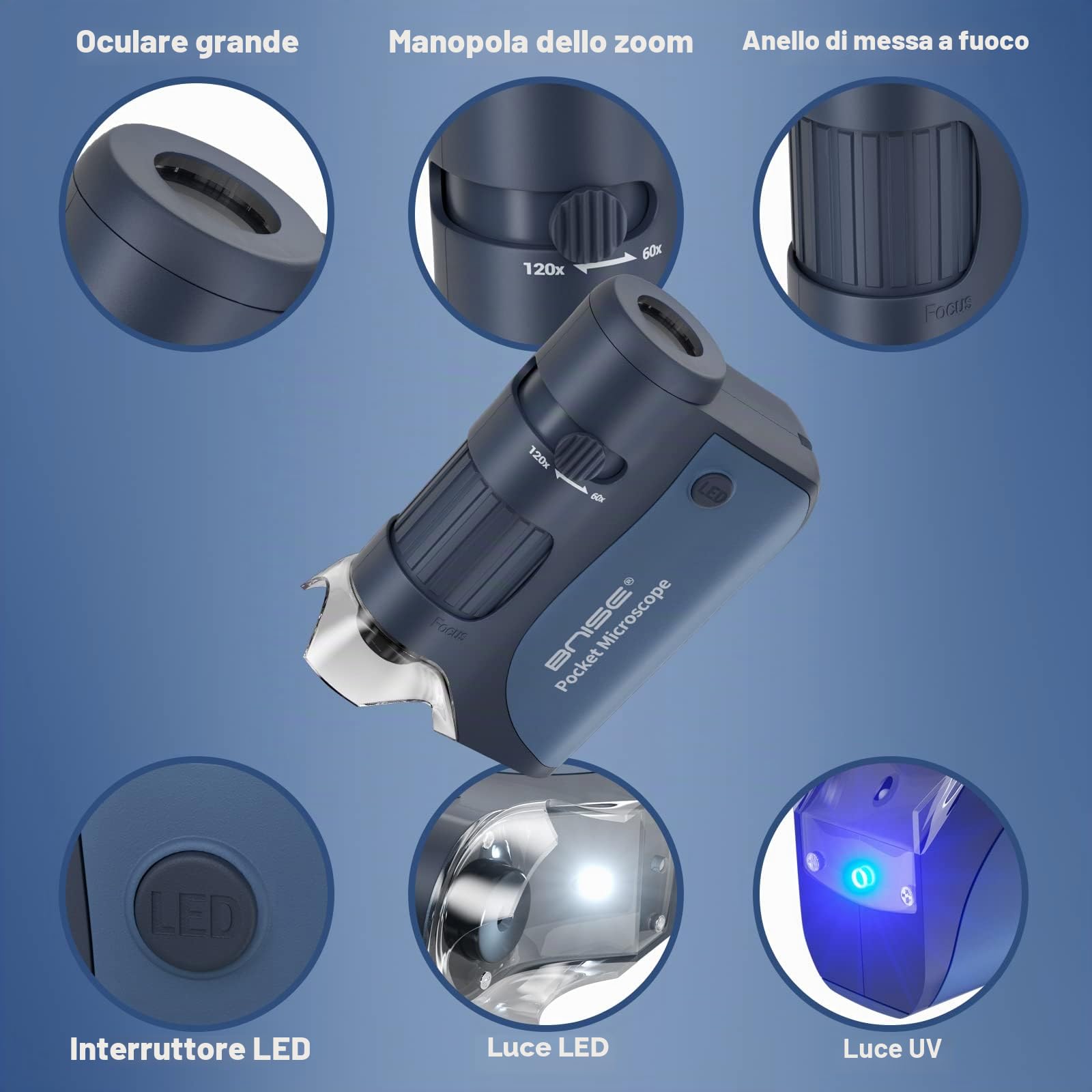 Microscopio tascabile per bambini, microscopi portatili 60X-120X zoom con LED, mini microscopio portatile con 5 vetrini per microscopio per apprendimento, educazione ed esplorazione