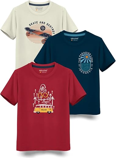 HELLCAT Trendy Typographic Printed Cotton Blend Half Sleeve T-Shirt for Boys - Pack of 3