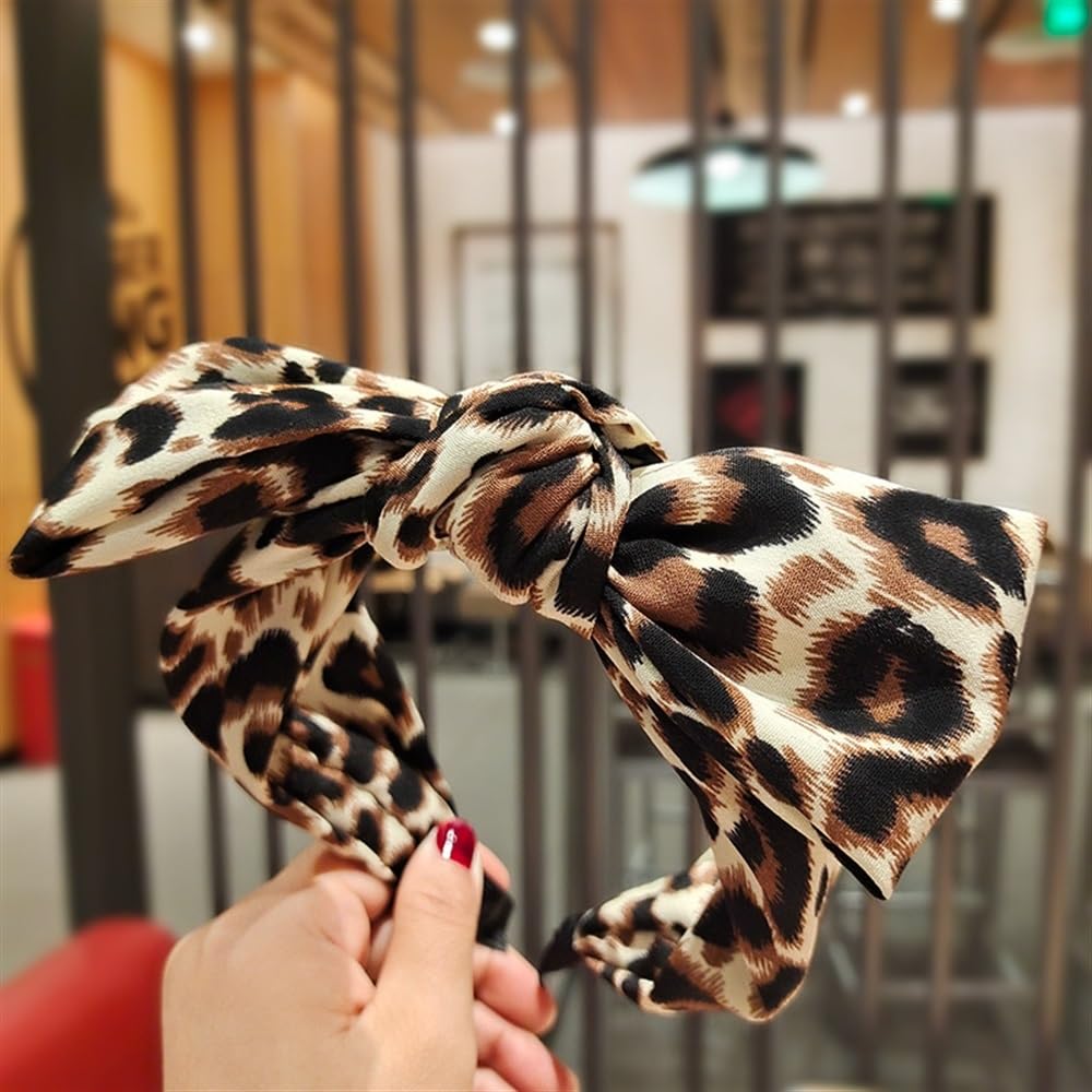 4 fasce per capelli con fiocco con stampa leopardata, in tessuto vintage, con orecchie di coniglio, fasce per capelli a bordo largo