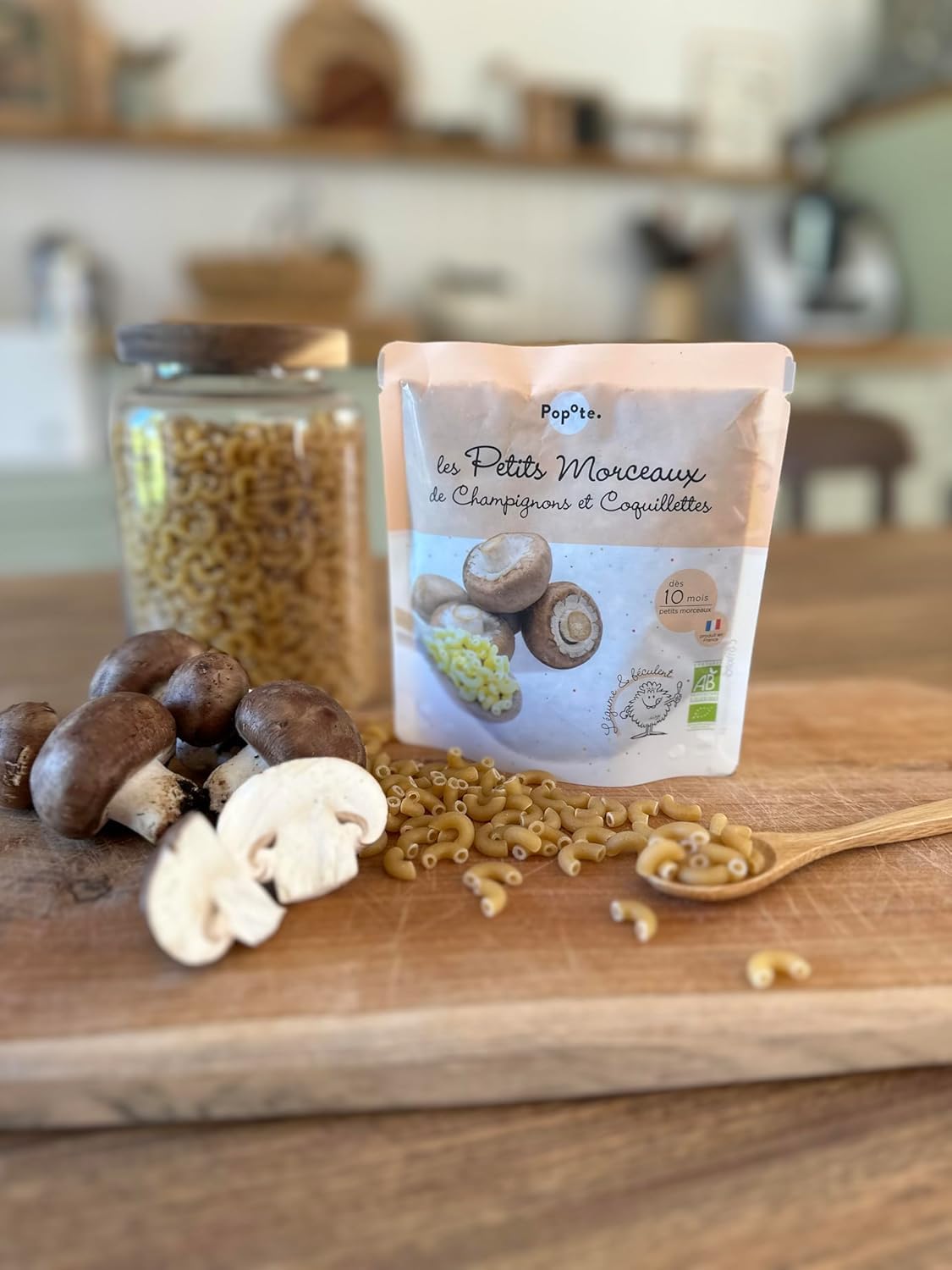 POPOTE - Petits Morceaux Champignons Coquillettes Bio - Repas Bébé Dès 10 Mois - Sachet Individuel 190g - Recette Simple et Équilibrée - Format Pratique à Emporter - Pack Familial 10 x 190g
