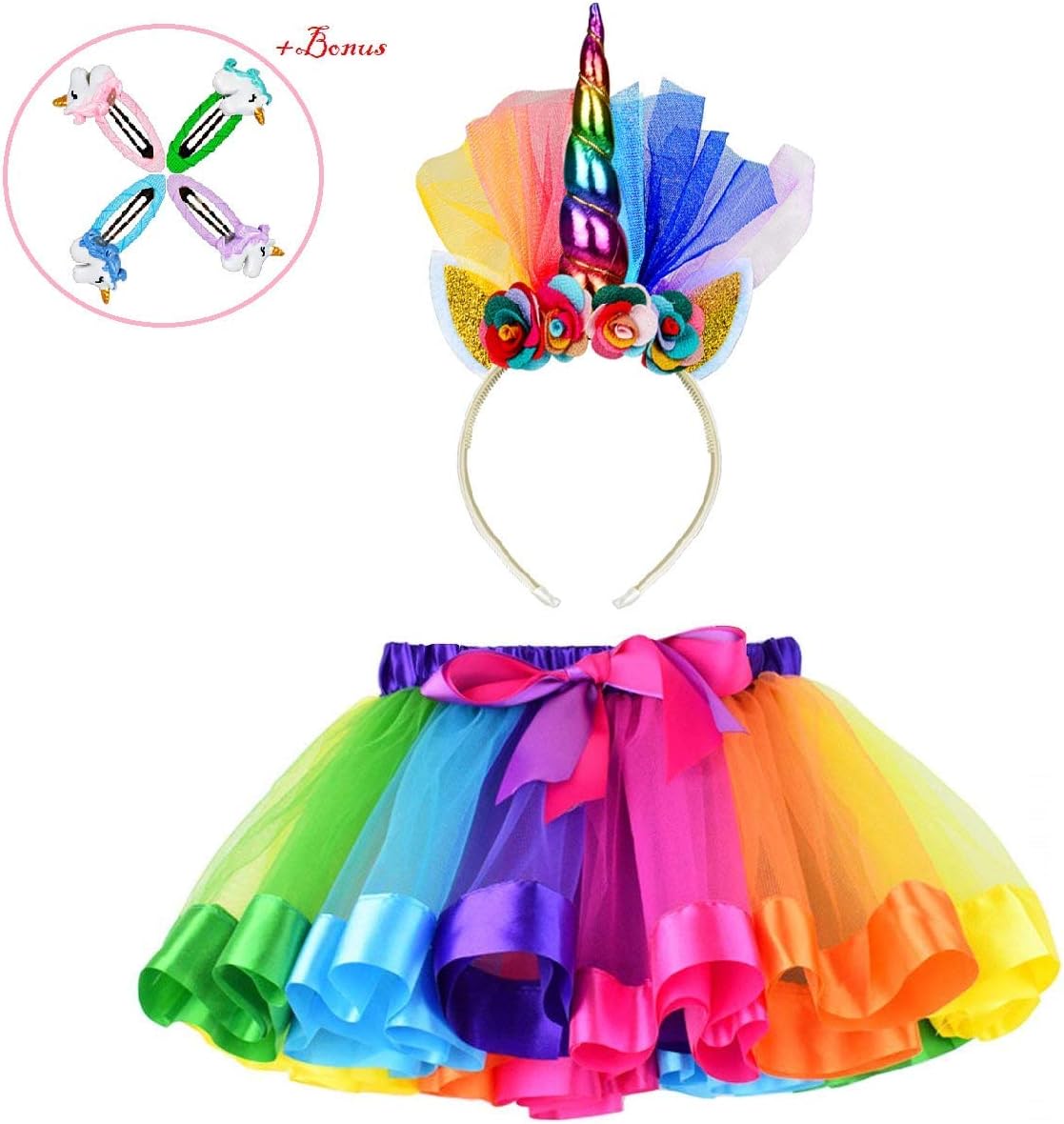 Girls Rainbow Tutus Layered Unicorn Skirt Tulle Costume for Kids Dress up with Unicorn Headband