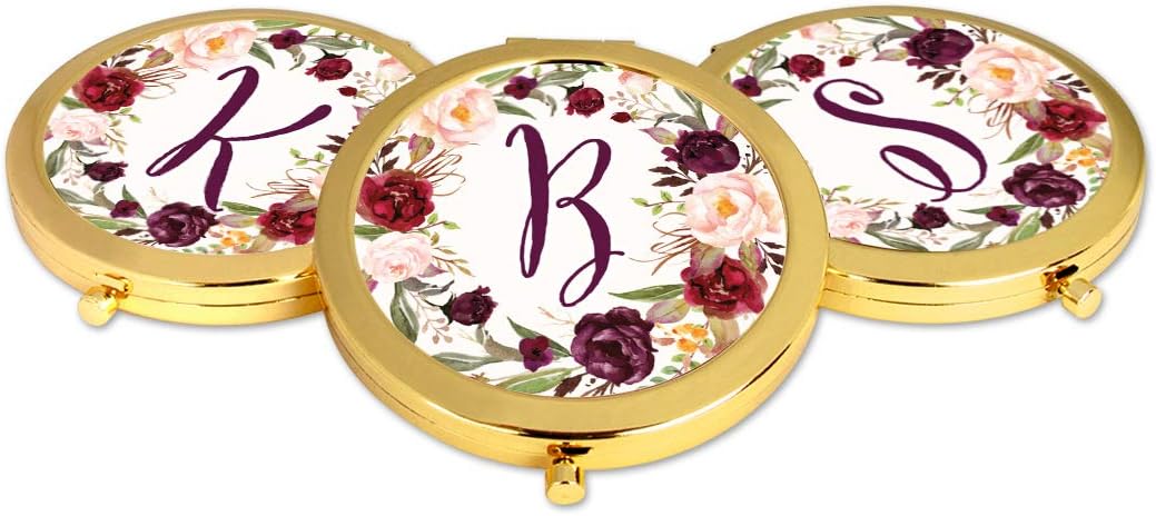 Andaz Press Gold Compact Mirror Bridesmaid's Wedding Gift, Marsala Burgundy Maroon Flowers on White, Monogram Letter B, 1-Pack, Bachelorette Bridal Shower Wedding Party Gifts