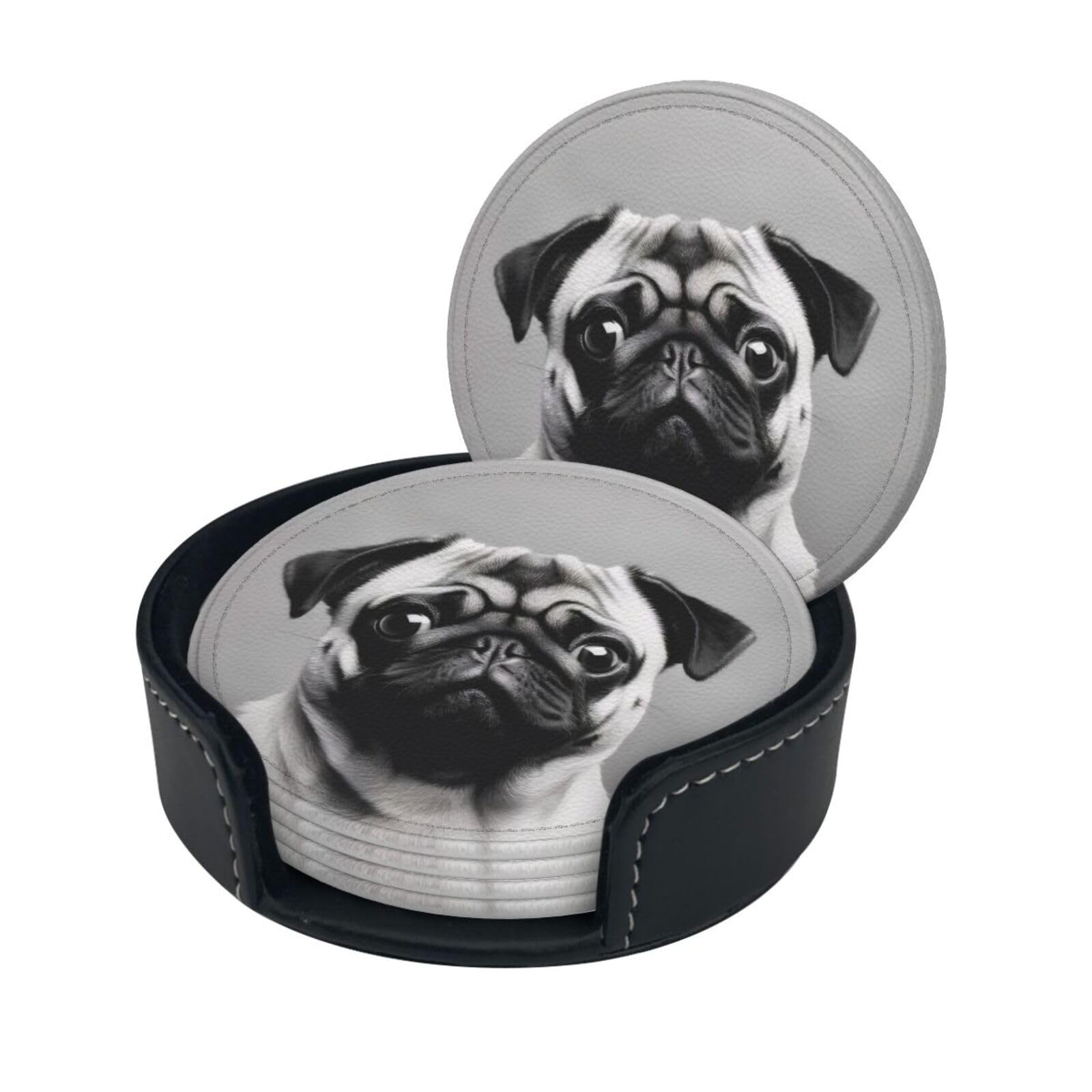 Stylish Coasters - Pug Set of 6 Round Leather Drink Coasters with Holder - Perfect Size for Cups and Glasses