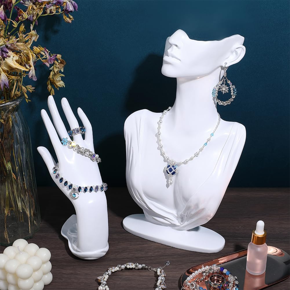 nbeads 1 ensemble Buste de Mannequin pour Collier, Présentoir à Boucles D'Oreilles Présentoir à Bijoux en Résine Blanche Comprenant un Buste de Femme un Support pour Bagues Bracelets et Pendentifs