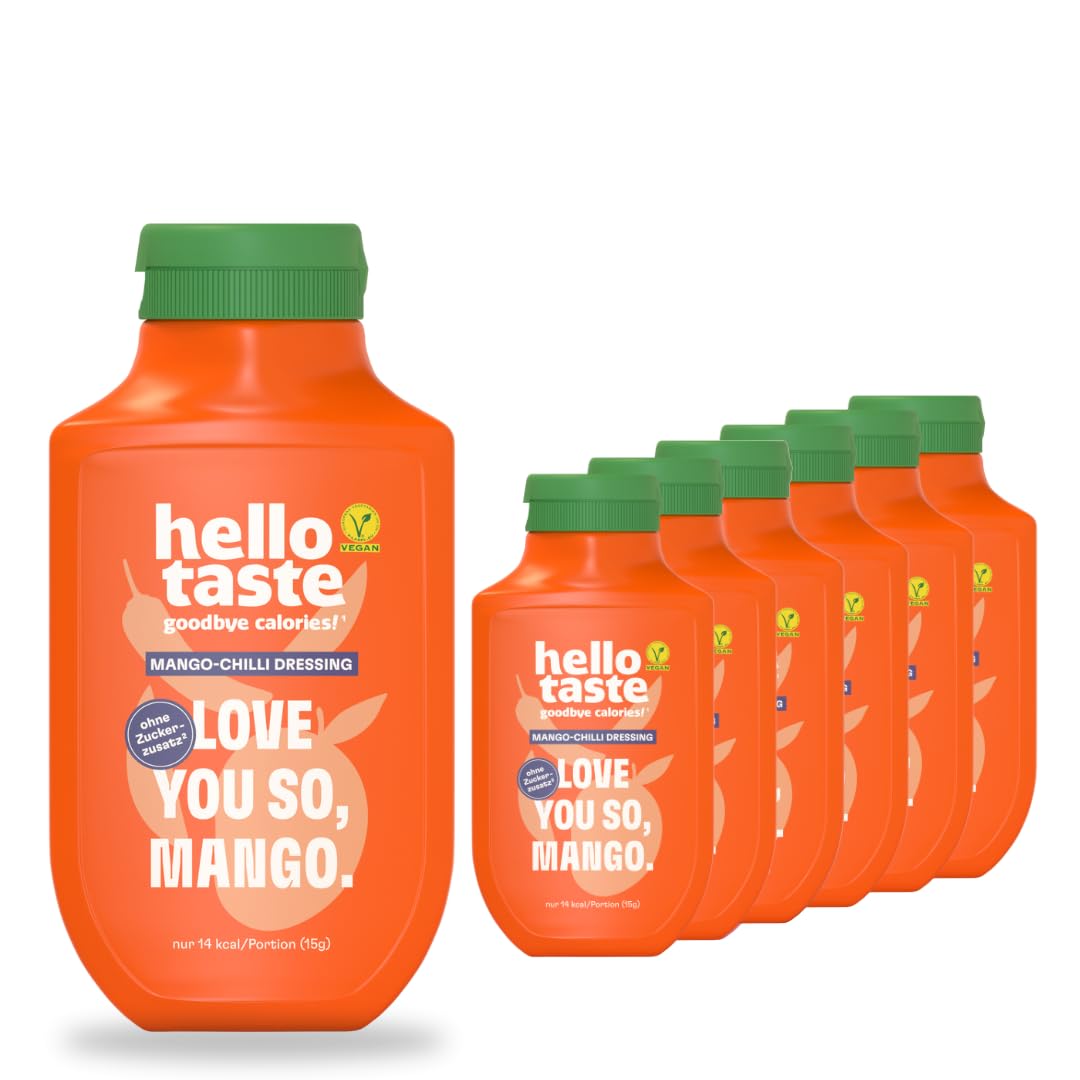 hellotaste Mango-Chili Dressing 300ml Vorratspaket - kalorienreduziert, ohne Zuckerzusatz & voller Geschmack | Für Gerichte, zum Grillen uvm. | Vegan, aspartamfrei, glutenfrei, sojafrei | 7 x 300ml