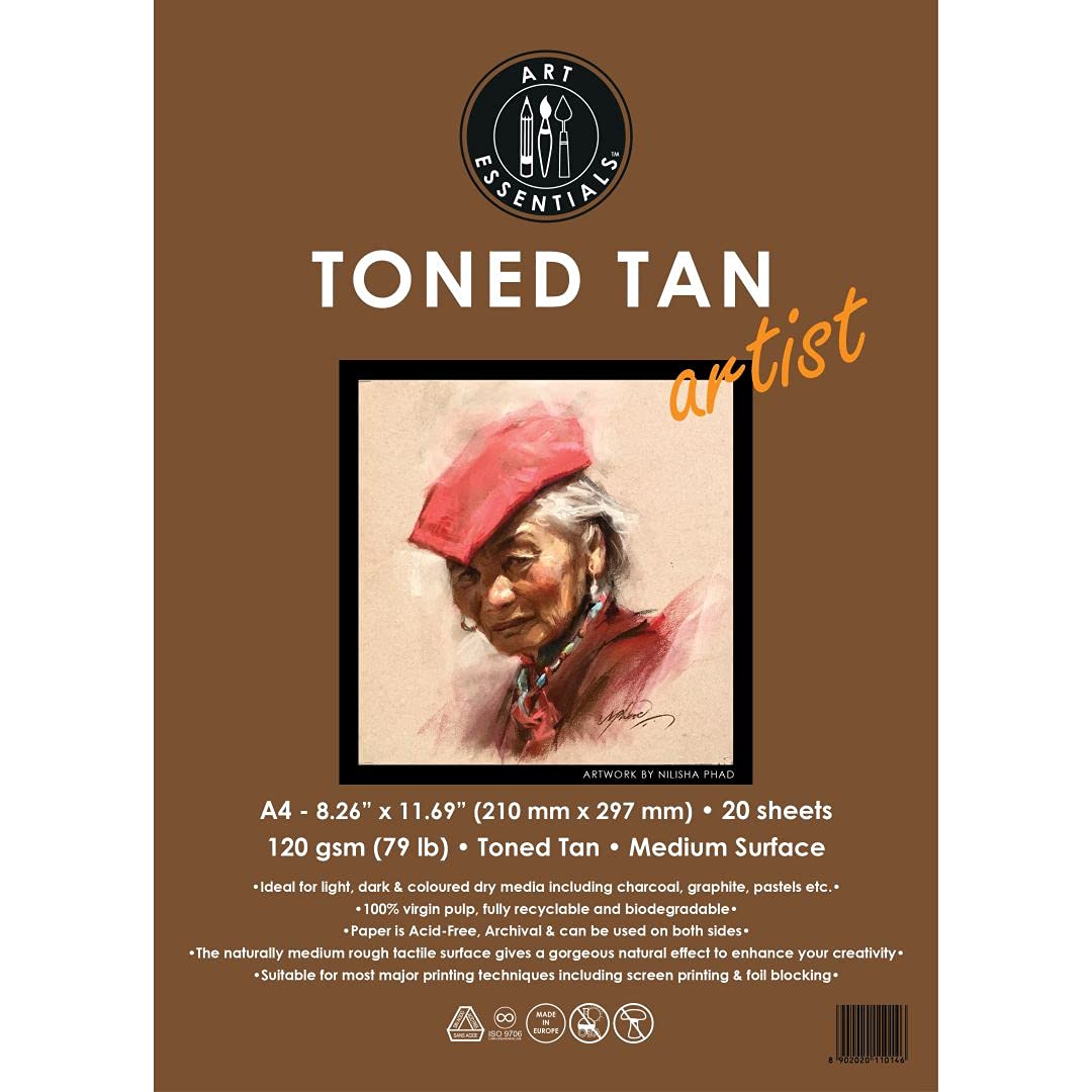 ART ESSENTIALS Toned Sketch Artist A4 Warm Tan Medium Surface 120 Gsm, 20 Sheets Pack, Acid Free Paper For Sketching, Drawing With Graphite, Charcoal, Pastel, Light & Dark Media, Acrylic