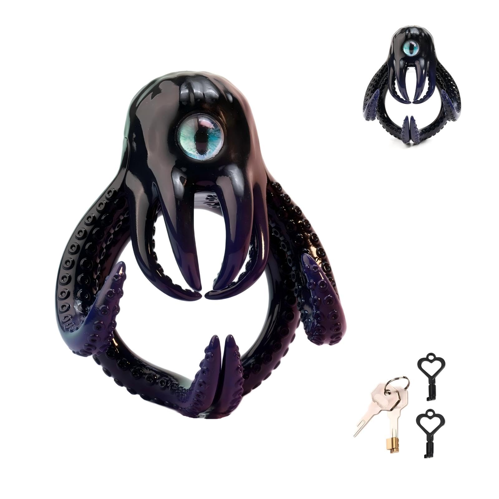 SeLgurFos Keuschheitskäfig für Männer aus Harz mit Verstecktem Schloss, Peniskäfig mit Getrennter Stützstruktur, Ringgröße 45 mm oder 50 mm, Einaugen-Oktopus Design Chastity Cage (45mm,Black)