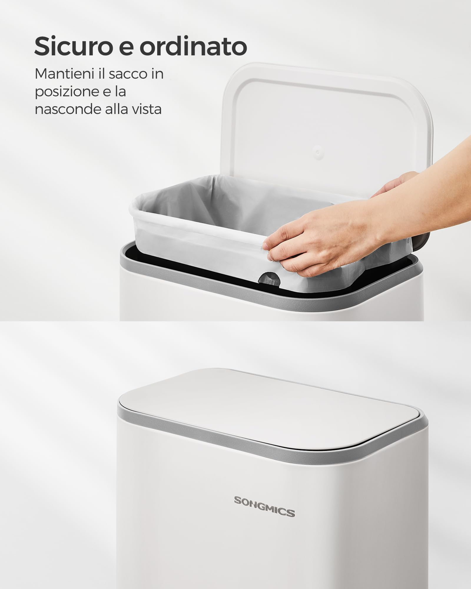 SONGMICS Pattumiera da Cucina, Cestino a Pedale da 20L, Pattumiera in Acciaio, Coperchio a Chiusura Morbida, Rimane Aperto, Secchio Interno, Ampio Pedale Antiscivolo, Bianco Nuvola LTB542W02