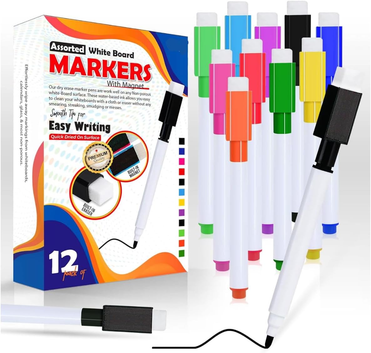 12pcs Magnetic Whiteboard Markers with Eraser | Fine Tip Dry Wipe White Board Pens | Low Odor Non-Toxic Whiteboard Pens for Kids, Teachers, Office, Home & Classroom Use