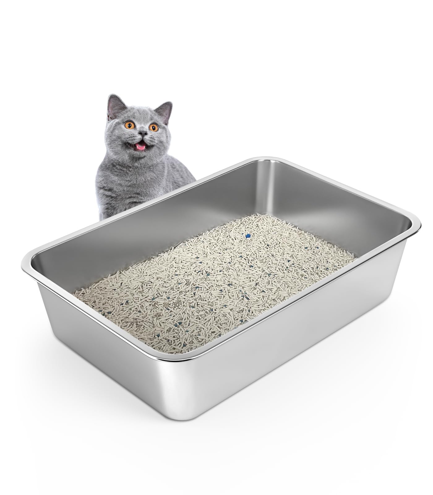 WENBOKMIN Stainless Steel Cat Litter Box, 6in Cat Litter Pan for Large Cats and Rabbits, Extra Large Metal Litter Box High Sides Odor Control Anti-Corrosion Nonstick