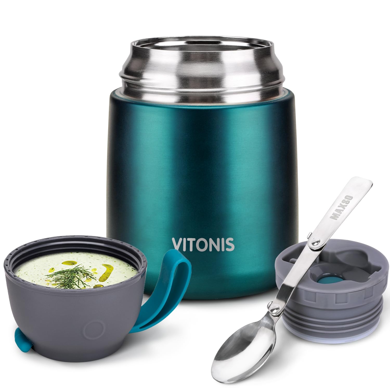 VITONIS Thermobehälter für Essen 500ml Edelstahl Isolierbehälter Gefäß für warme Speißen, Essen, Suppe, Isolierbehälter mit Löffel Thermo Gefäß, Grün