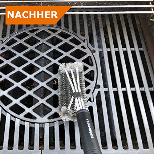 Foto von Grillbürste STAR-BBQ 3 in 1 mit langem Griff zur Reingung von Grillrosts aus Edelstahl, Emaille und Gusseisen für Gas-Grill, Holzkohle-, Elektro-Grill und Smoker für Outdoor (3-Borsten)