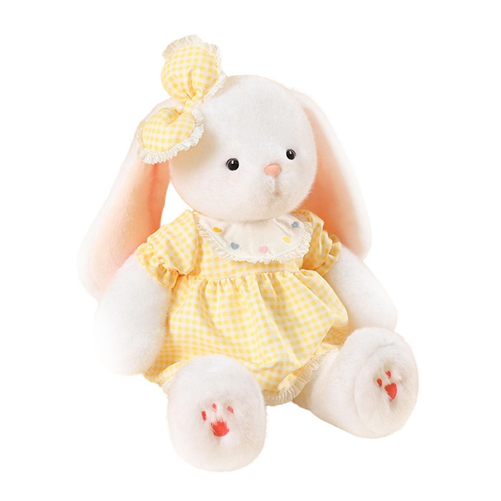 ZBELLO Cute White Bunny Plush in Checkered Dress, Soft Stuffed Rabbit Toy with Lace Collar and Bow, Adorable Plushie Gift for Kids and Girls. (Yellow,50cm)