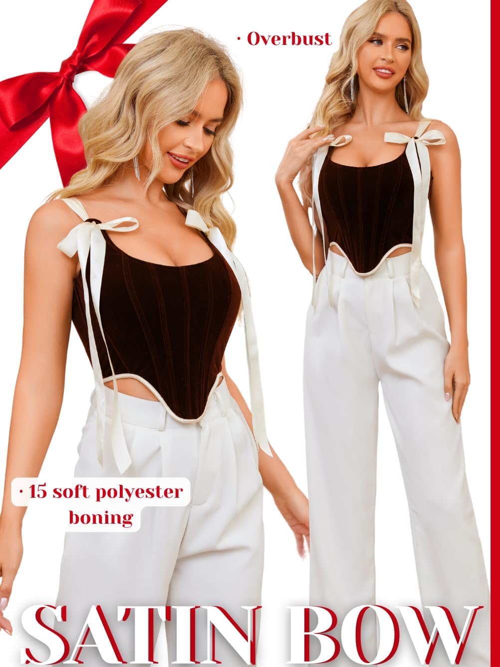 Kaei&amp;Shiベルベットコルセットトップ、蝶ネクタイフロントレースアップコルセット、ホリデーパーティールネッサンスコスチュ