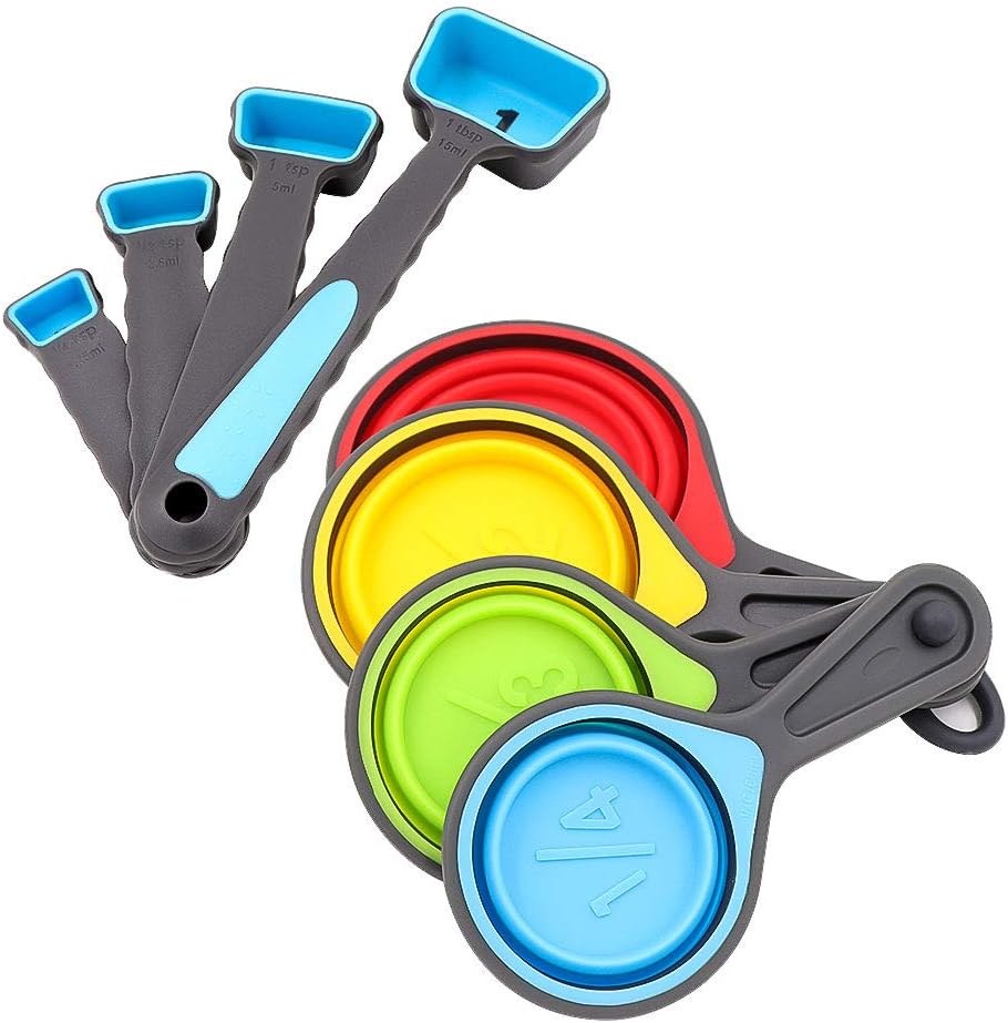 Collapsible Silicone Measuring Cups and Measuring Spoon, Kmeivol Portable Measuring Cups for Liquid & Dry Measuring, Multiple Sizes Collapsible Measuring Cups and Spoons