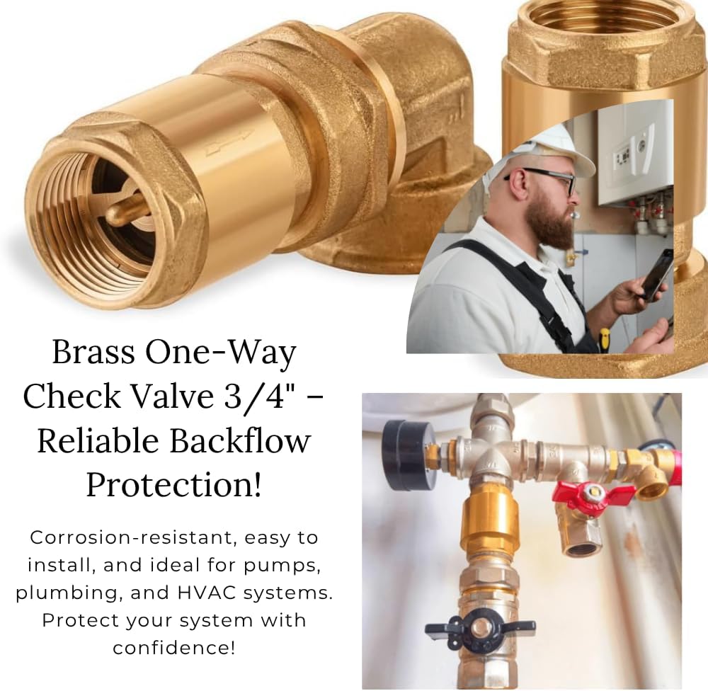 2 Pcs Brass 3/4" NPT Spring Check Valve – One-Way Backflow Preventer with 3/4 Inch NPT Female Thread – In-Line Non-Return Brass Check Valves for Water, Oil, Air Systems