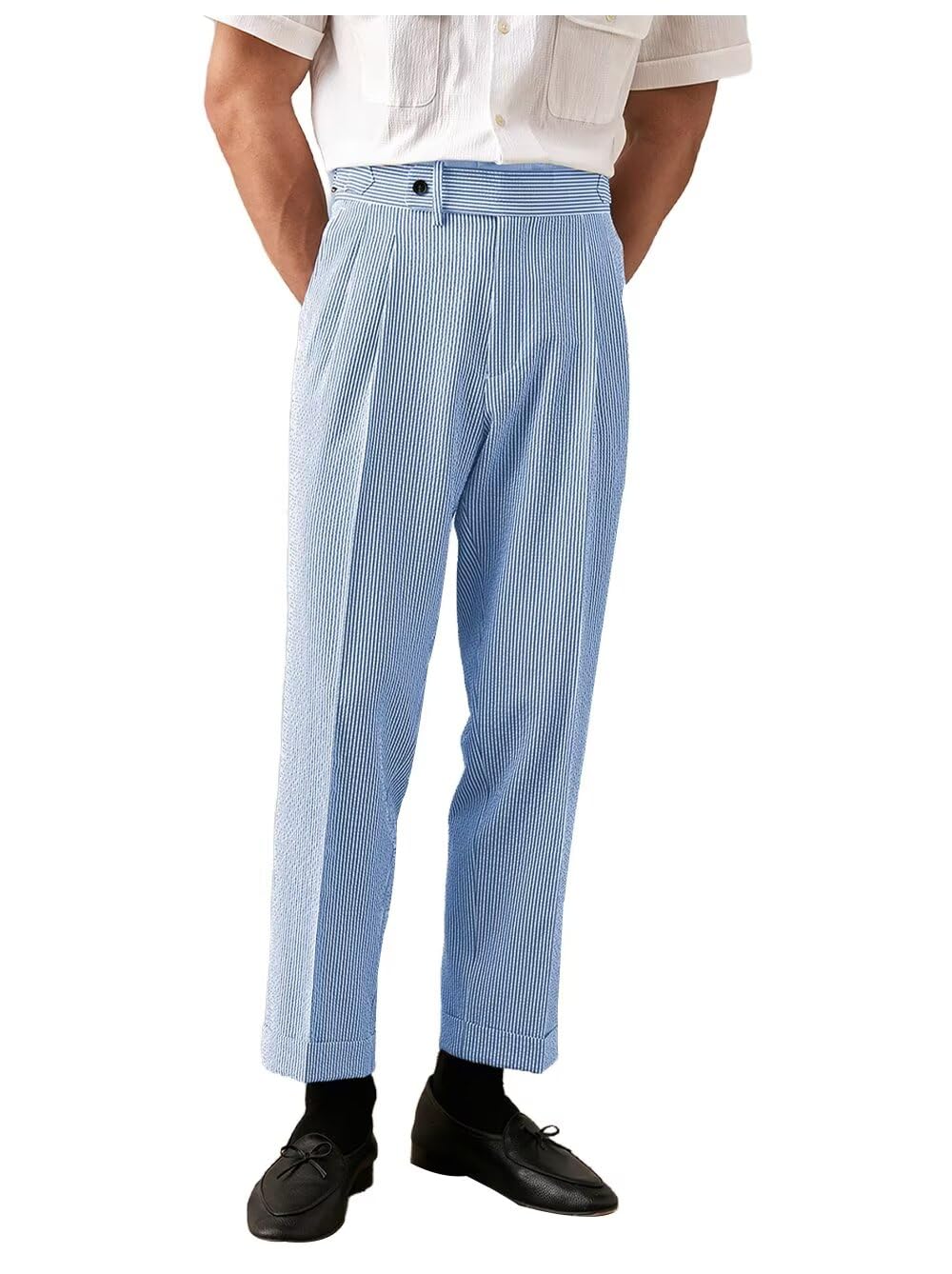 Men's Seersucker Suit Pants Classic Gurkha Dress Pant Casual Summer Beach Lightweight Trousers