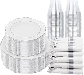 WDF350Pieces Silver Plastic Plates&pre rolled napkins with silver plastic cutlery -Baroque White&Silver Plastic Dinnerware Include:50Dinner Plates,50 Dessert Plates,50 Cutlery with Napkins and 50Cups