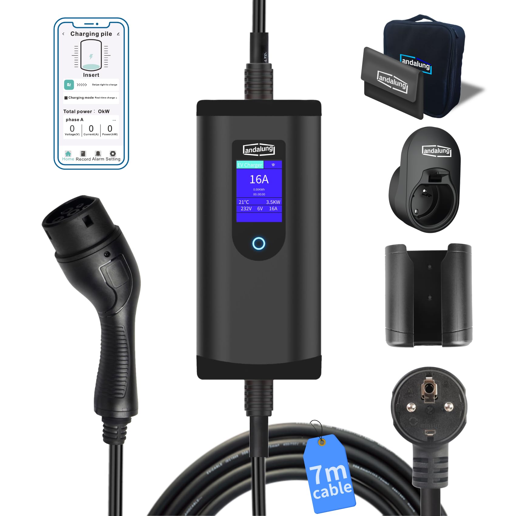 Caricatore EV Portatile 3,5KW 1 Fase 6-16A, Cavo da 7m con corrente regolabile, Spina Schuko, Controllo App via Wi-Fi, utilizzabile offline, Interruttore Differenziale Tipo B