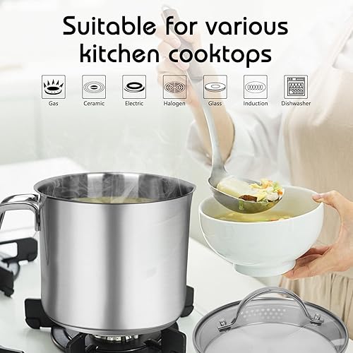 Miniatura 4 de Cacerola de acero inoxidable de 1.5 cuartos de galón con boquilla de vertido, cacerola con tapa de vidrio, olla quemadora de 6 tazas con boquilla,