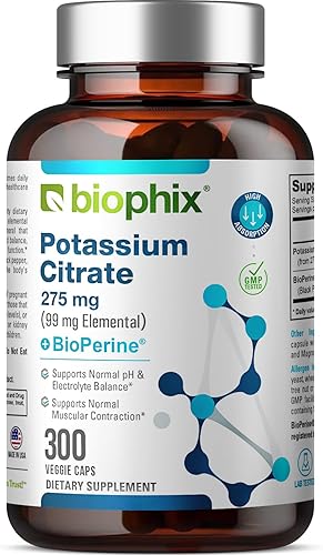 Citrato de potasio 275 mg con BioPerine 300 cápsulas vegetarianas - Apoya el equilibrio electrolítico, nervios, función muscular y salud cardíaca