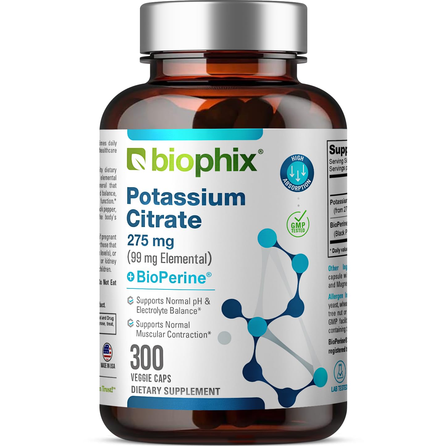 biophix Potassium Citrate 275 mg with BioPerine 300 Veggie Capsules - Supports Electrolyte Balance, Nerve., Muscle Function and Heart Health