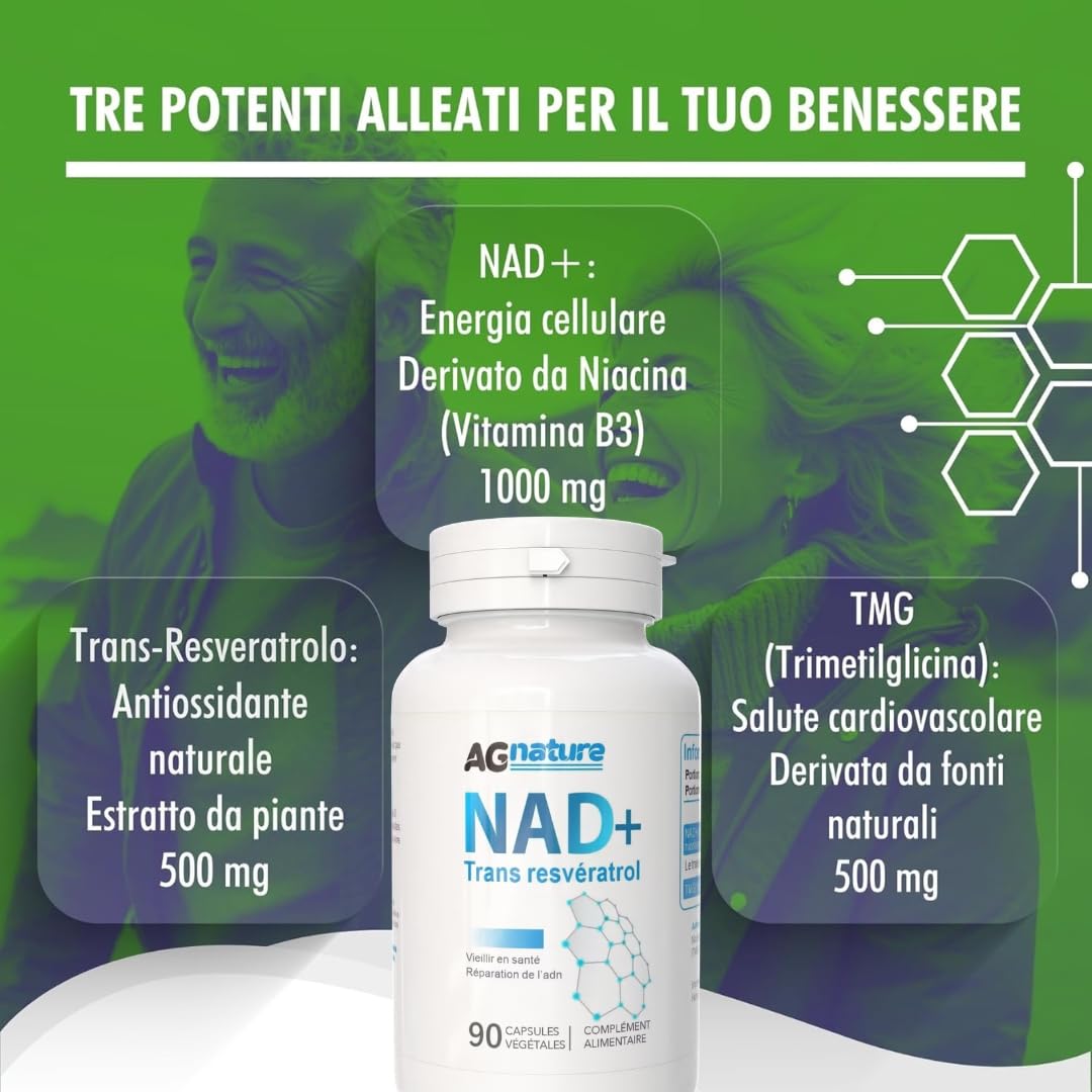 NAD Complément à base de Nicotinamide Pure 90 Gélules 1000 mg – Complexe Anti-Âge et Anti-Fatigue avec Niacine, Trans-Resvératrol et Triméthylglycine