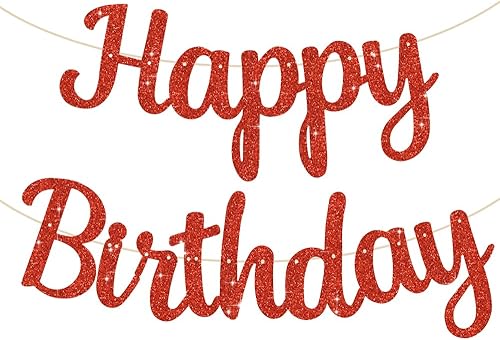 BEISHIDA Cartel rojo de feliz cumpleaños  NO DIY, 10 pies, cartel de feliz cumpleaños pre-encordado con purpurina, guirnalda de feliz cumpleaños,
