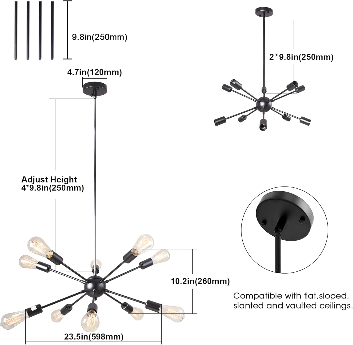 Tор Rаtеd KOSTOMO Sputnik Chandeliers 10 Lights Black Modern Ceiling Light Fixture Industrial Vintage Living Room Bedroom Foyer Pendant Lighting（10 Lights-Black）
