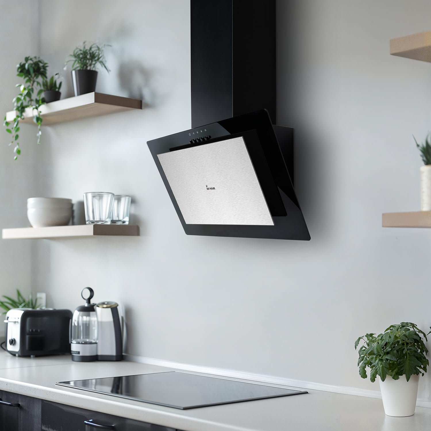 KKT KOLBE Kopffrei-Dunstabzugshaube VTH601ED, 60 cm | Abluft und Umluft, Edelstahl und Glas, schwarz-silber, LED-Beleuchtung, Druckknopf-Bedienung