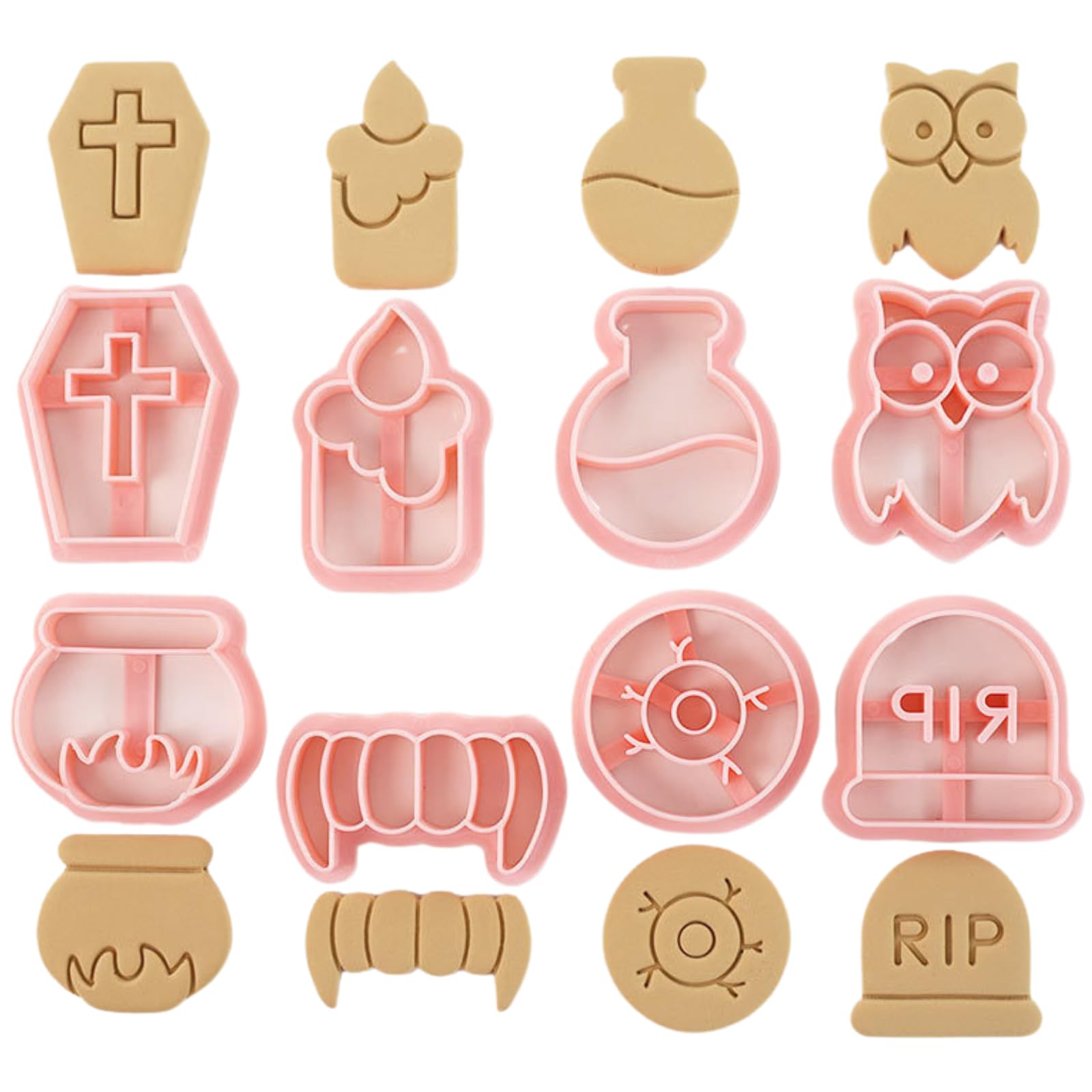 PTaizjjz Mini Halloween Cookie Cutters, 8pcs 3D Halloween Cookie Stamps-Candle,Tombstone,Owl,Alchemy,Furnace,Eye,Coffin