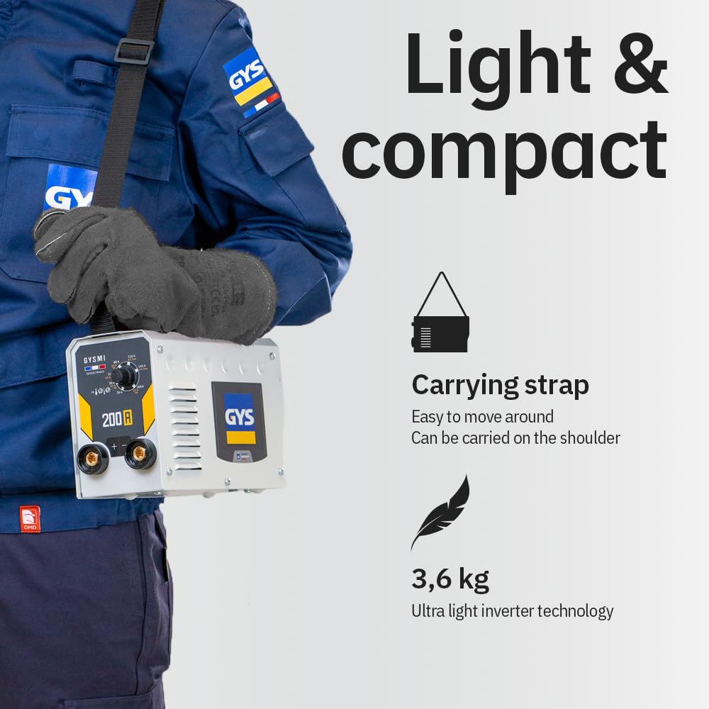 GYS, GYSMI 200A, estación de soldadura de electrodo recubierto 200A monofásico 230V (MMA), arco fuerza, antisticking, Hot Start, Con portaelectrodos, Cable de masa