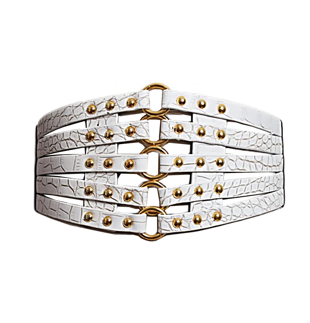 Women's White Punk Wind Rivet Lace-Up Cinch Belt Tied Corset Elastic Waist Belt (White)