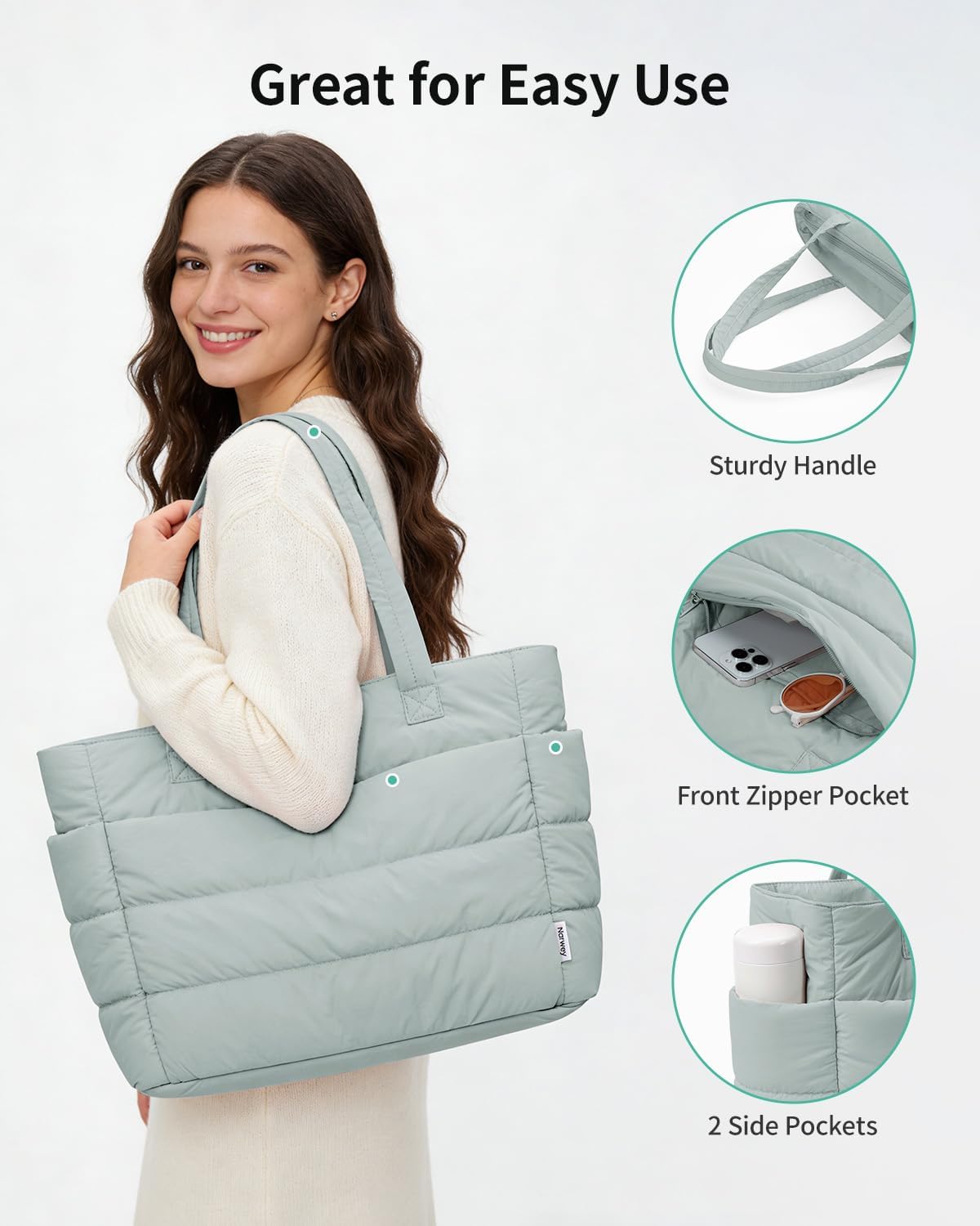 Narwey Nylon Puffer Tote Bag for Women, Puffy Work Nurse Teacher Tote Bag, Quilted Shoulder Bag for Travel, Gym, Gifts