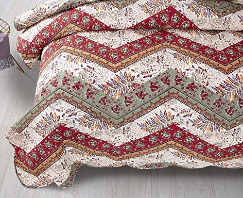 Dada Bedding Bohemian Quilted Floral Bedspread Set - Rustic Cranberry Red Sage Green Chevron Paisley Filigree Lightweight Coverlet - Scalloped Edges Colorful Orange & Ivory White - Cal King - 3-Pieces #TOP2