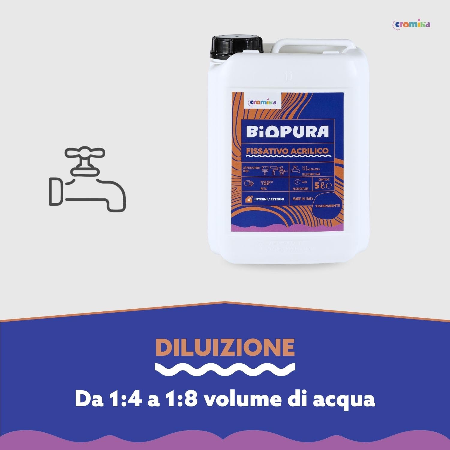 Cromika BIOPURA Fissativo Acrilico Trasparente per Interni ed Esterni, Isolante ad Acqua per Muri Made in Italy (Trasparente, Litri 5)