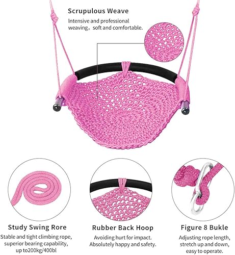 Miniatura 5 de Columpio tejido a mano para niños, columpio para niños con cuerdas ajustables, juego de columpio seguro para niños, para interiores, exteriores,