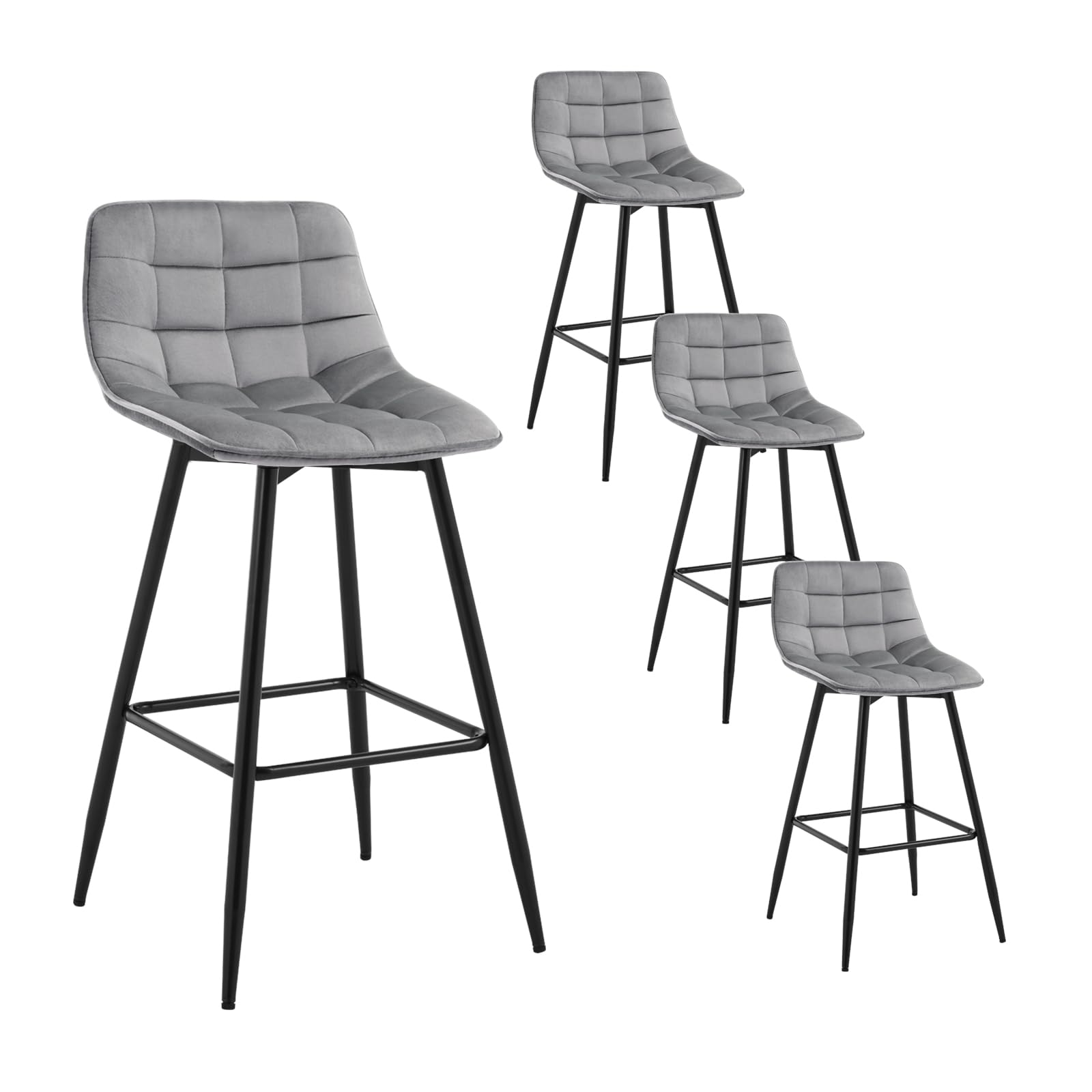 WOLTU Taburete de Bar Juego de 4 con Respaldo, Terciopelo, Gris Claro