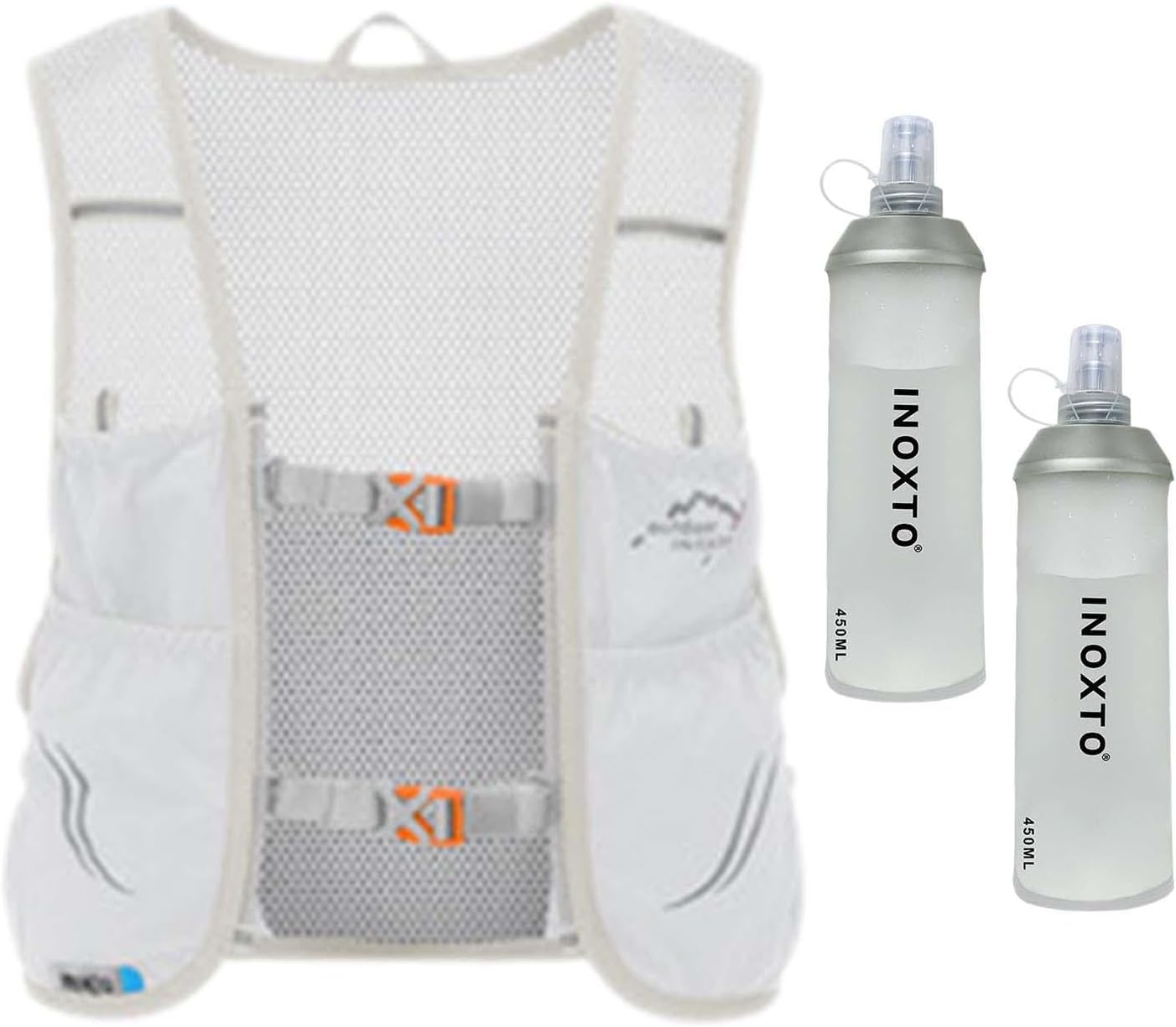 pistro Hydration Running Vest with 2 Bladders Lightweight Breathable Mesh Backpack for Trail Running Cycling Outdoor Sports- Light Grey Orange Large