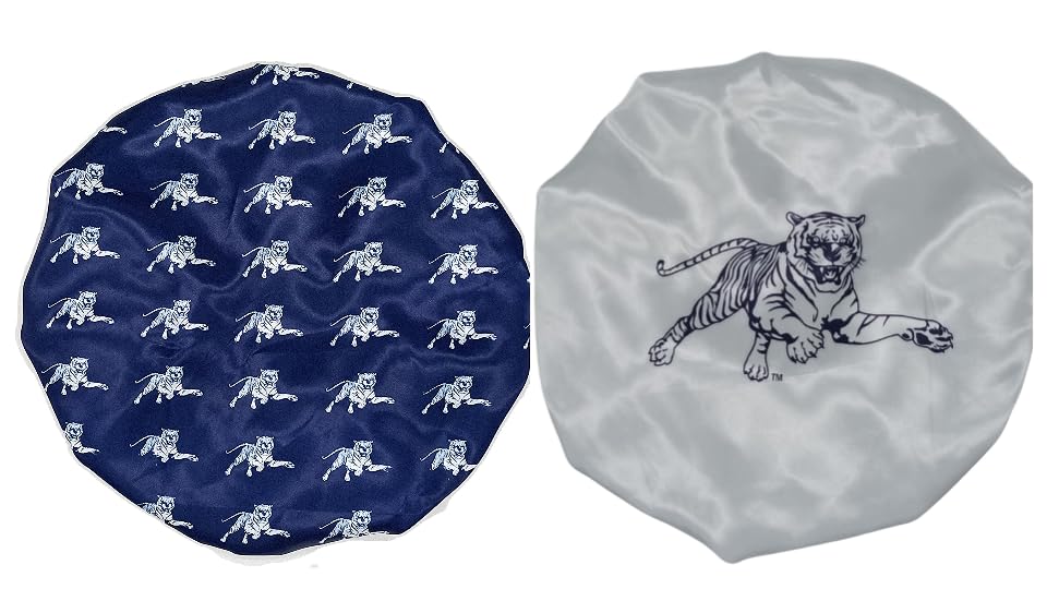 The DASHURÍ Brand Jackson State University Officially Licensed Leaping Tiger Double-Layer Oversized Reversible Satin Bonnet White/Blue, White/Blue, One Size-3X-Large