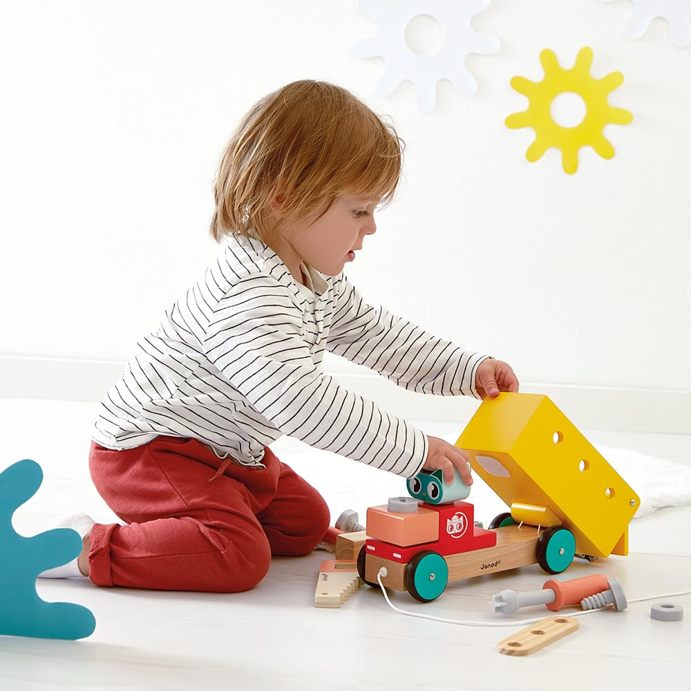 Janod - Mon Premier Jeu de Construction - Camion de Bricolage à Tirer - 23 Accessoires - Imitation - Motricité Fine & Créativité - 24 Mois + - J06451