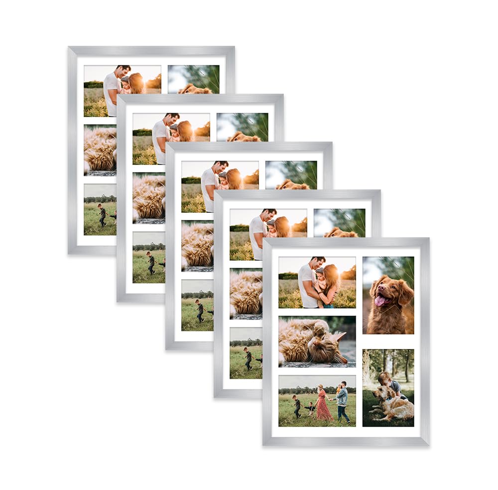 Silver Multi Photo Frame - Holds 5 x 6x4 Pictures, Family Collage Picture Frame for Wall Display, 14x11 Frame size, Set of 5