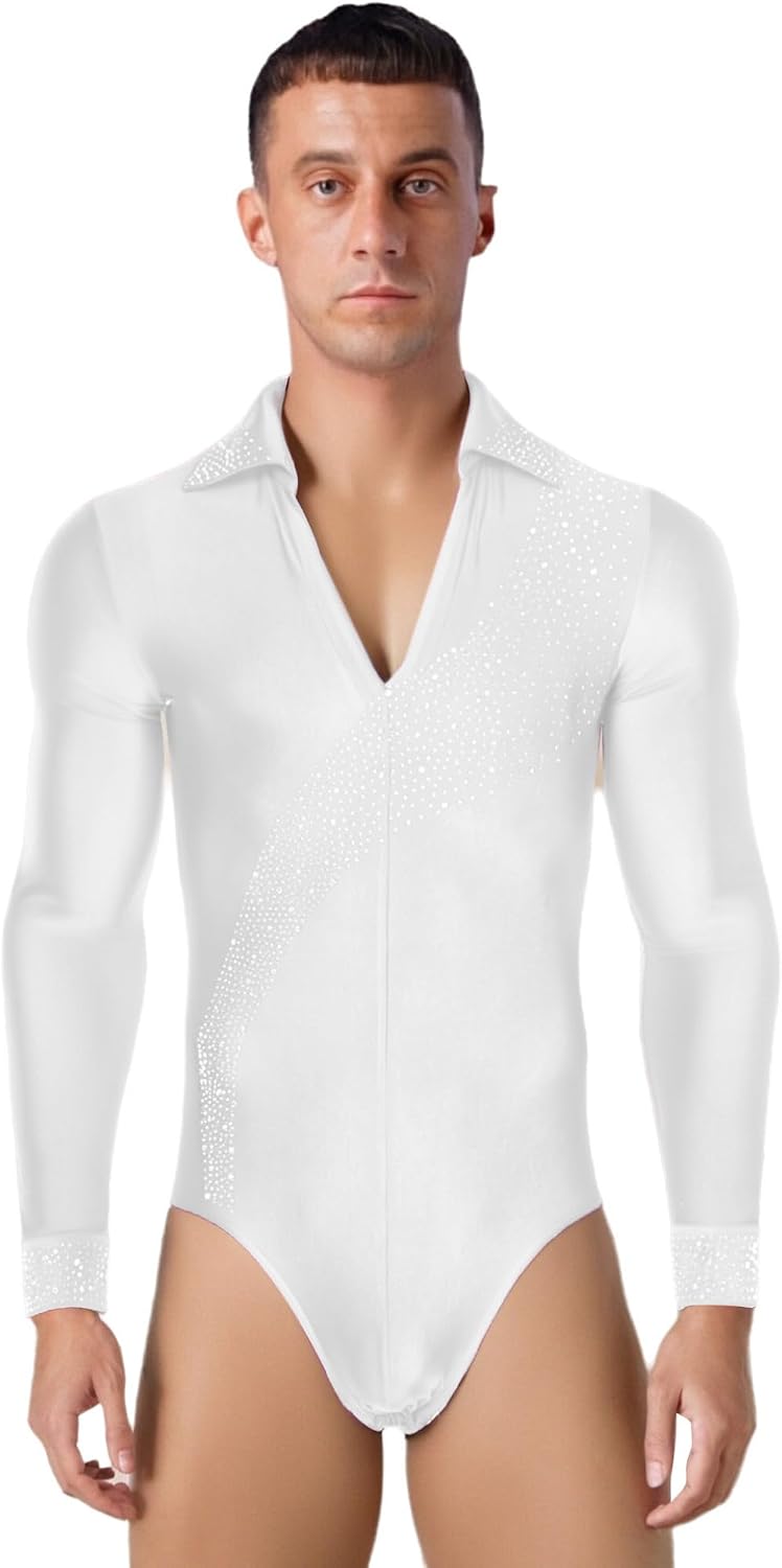 Shinsto Men's Shiny Rhinestone Latin Dance Shirt Leotard Long Sleeve Ballroom Samba Salsa Performance Costume