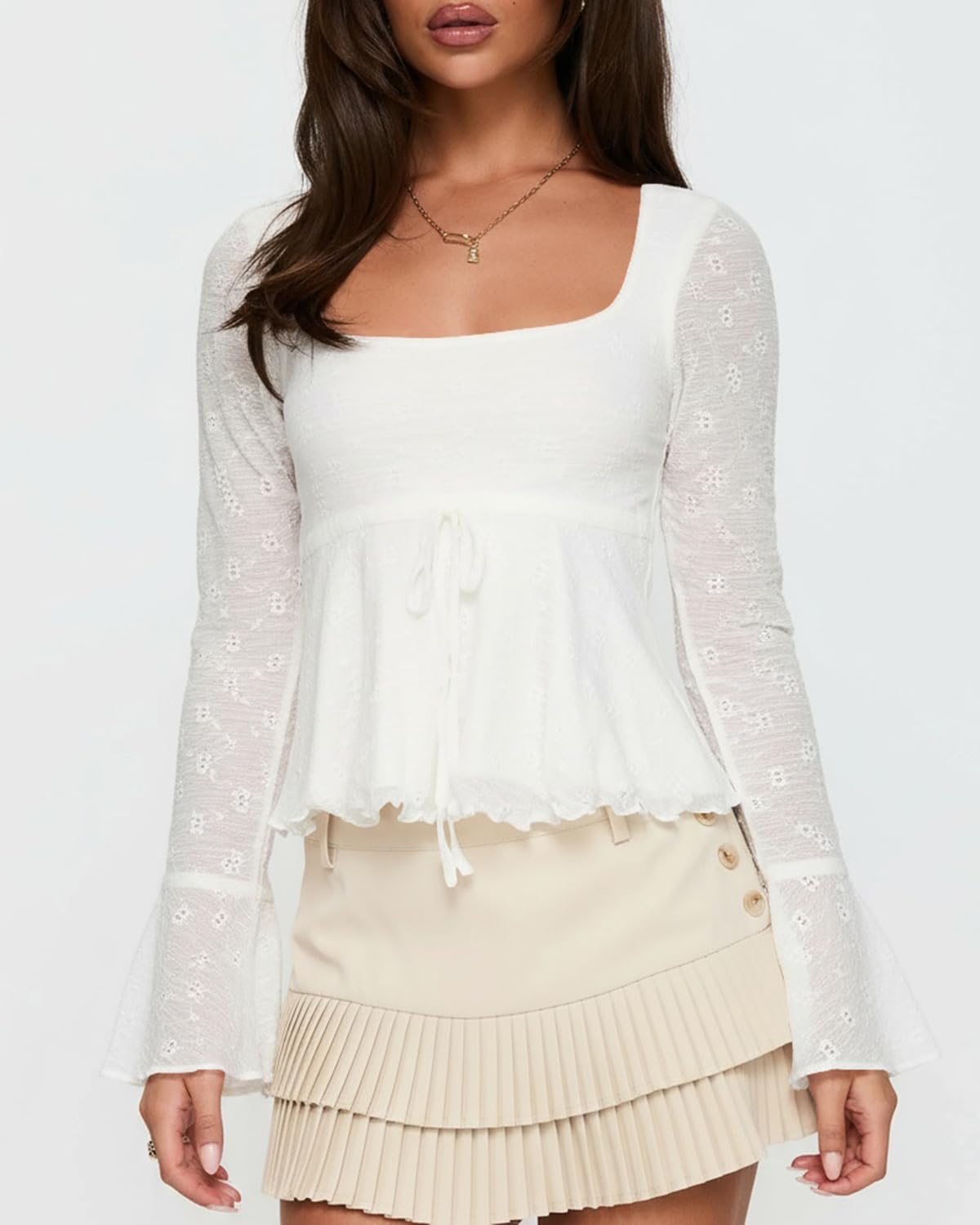 BAIGRAM Women Long Bell Sleeve Babydoll Crop Tops Y2K Boho Fall Outfits Floral Lace Square Neck Ruffle Peplum T-Shirts Blouse - Image 3